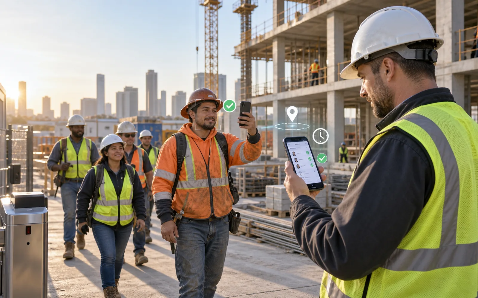 Construction site worker checking in on a mobile app while a site manager verifies attendance on a tablet
