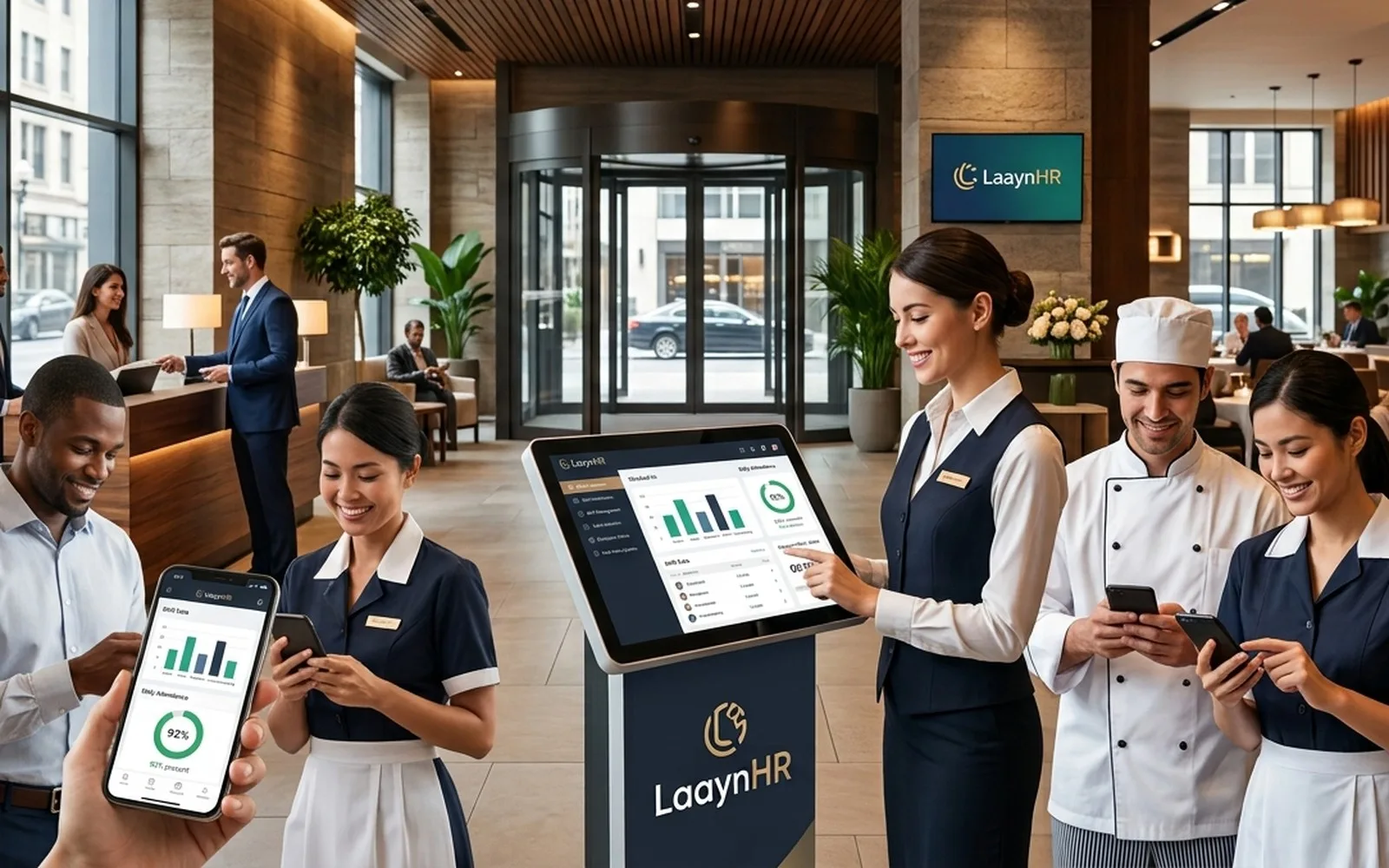 Hotel staff and a front desk manager checking attendance on a LaaynHR kiosk and mobile app in a hotel lobby
