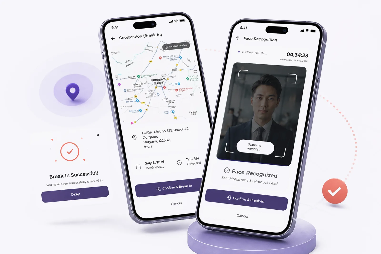 LaaynHR break-in flow: geolocation confirming the Gurgaon site address, face recognition verifying the employee, and a break-in confirmation