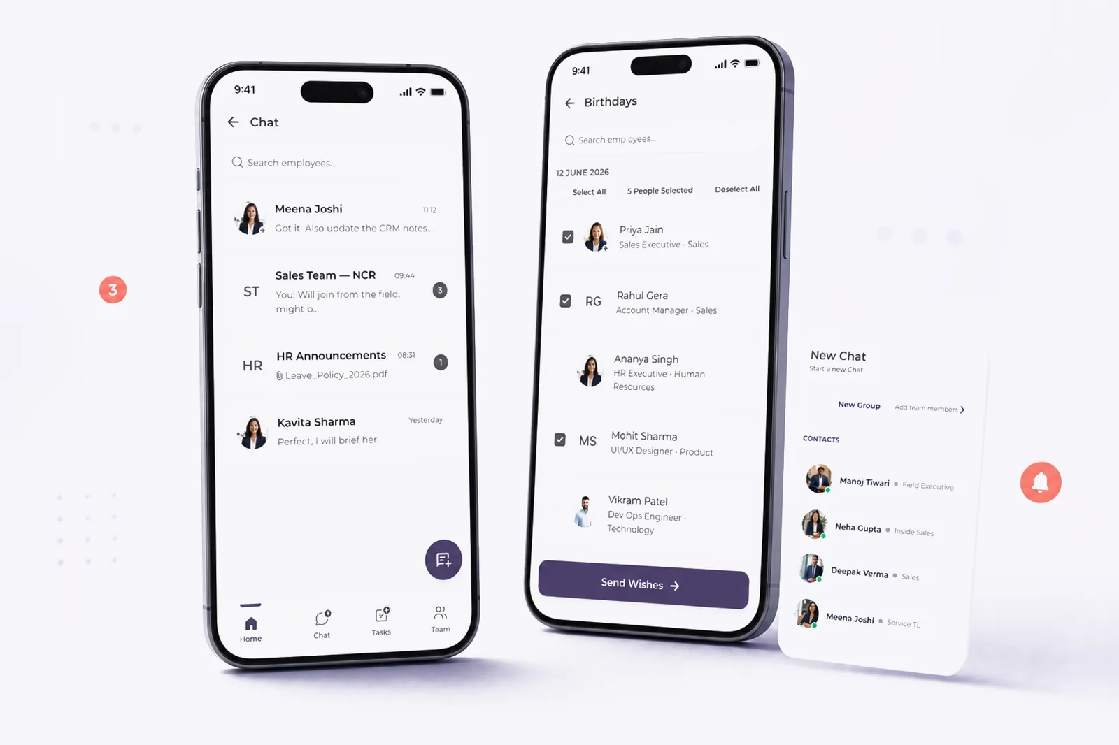 LaaynHR communication: chat list with direct messages and HR announcements, the birthdays screen and a new-chat contact picker