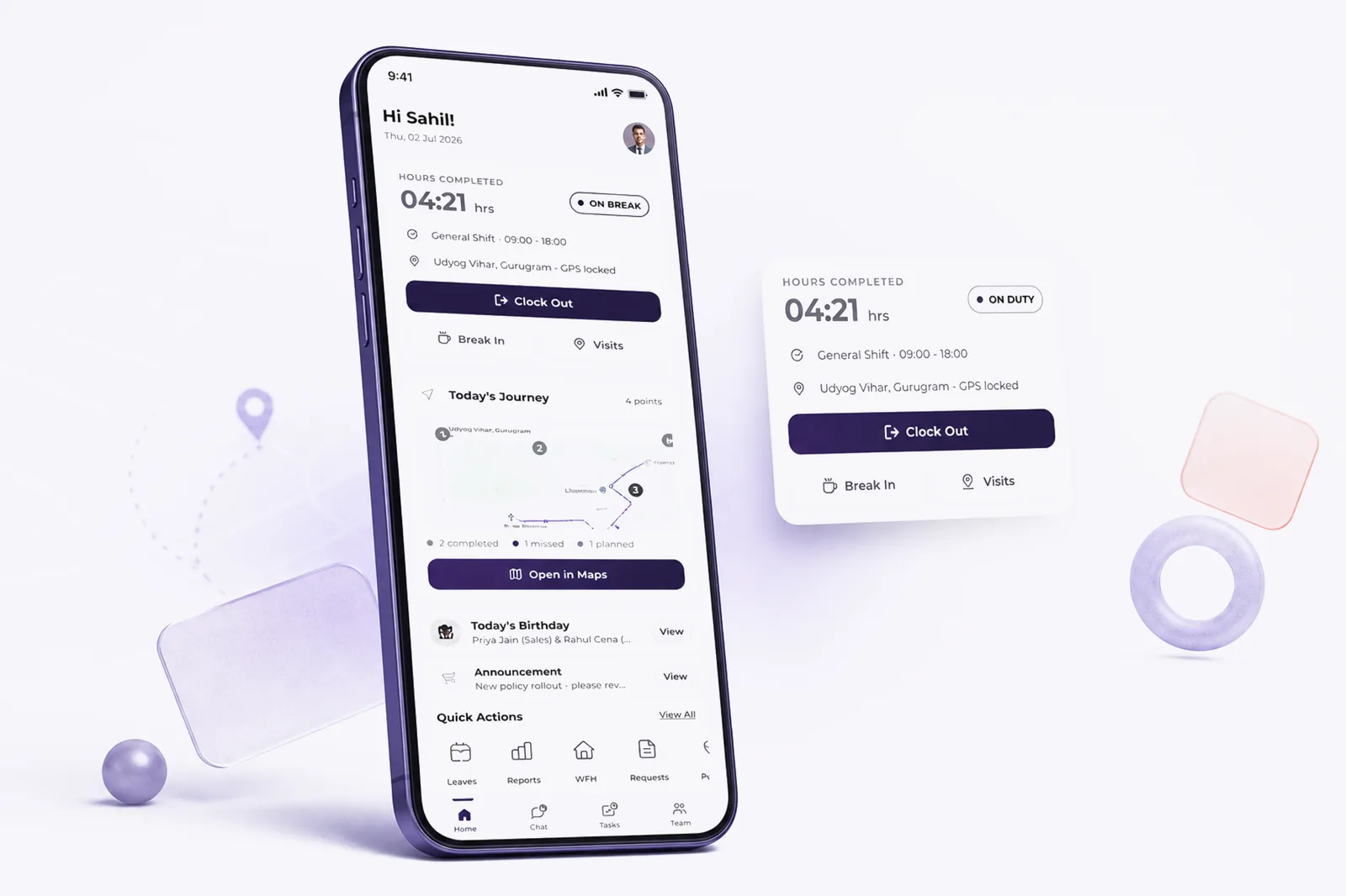 LaaynHR mobile app dashboard: hours completed, general shift with GPS-locked location, clock out, break in and visits actions, today's journey map and quick actions