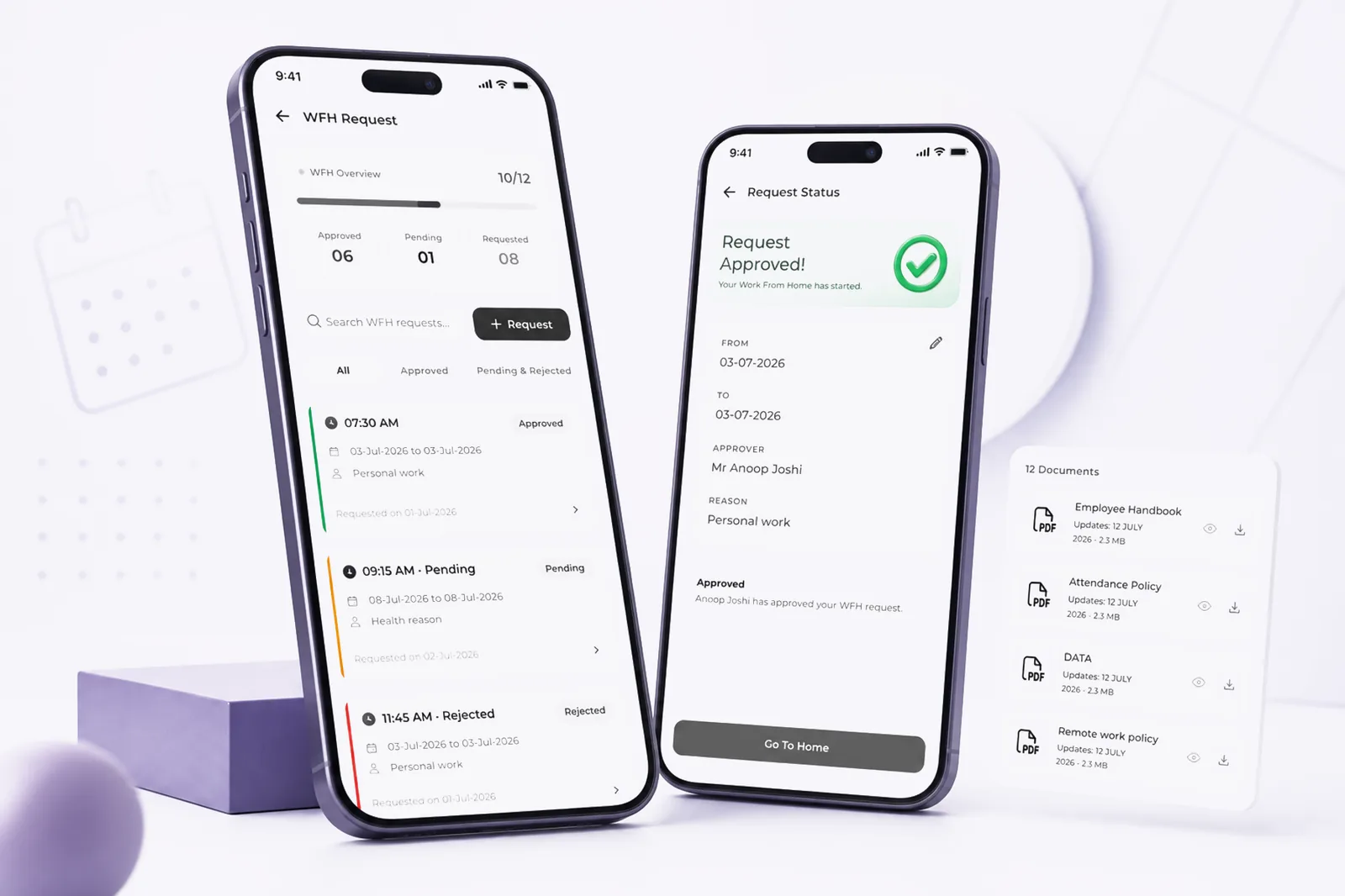 LaaynHR work-from-home requests: approved, pending and rejected requests with dates and reasons, an approved request status screen, and the policy document list