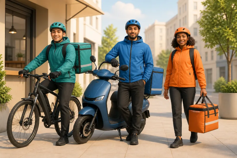 Three delivery riders with insulated bags standing with a bicycle and scooter on a city street