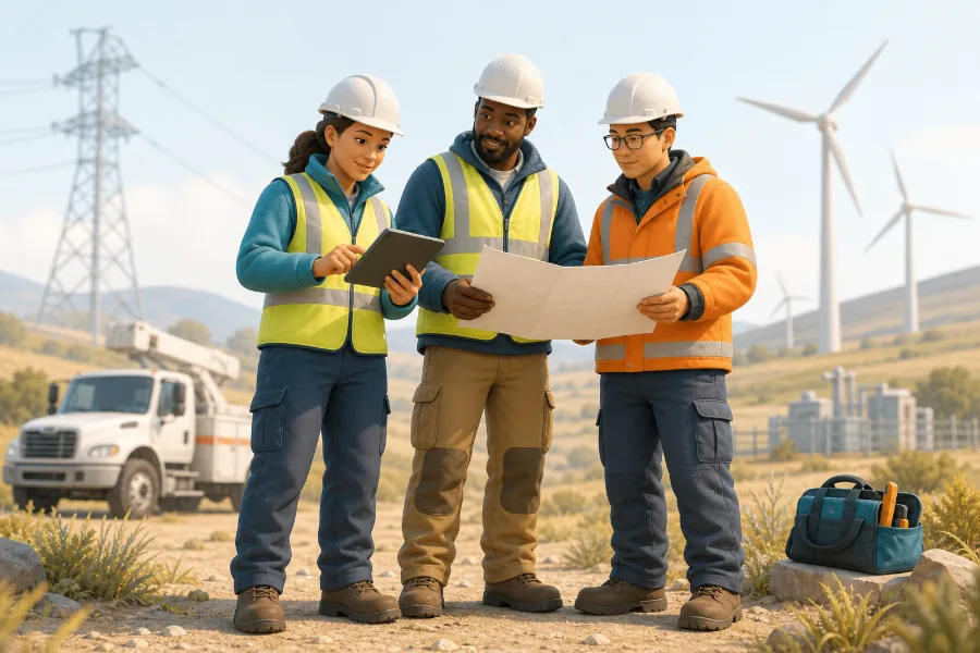 Three field engineers in high-visibility jackets reviewing a site plan and tablet at an outdoor work site