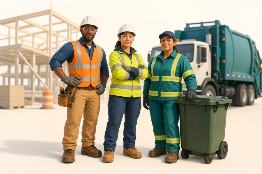 Three frontline workers in high-visibility safety gear standing at a construction and service site