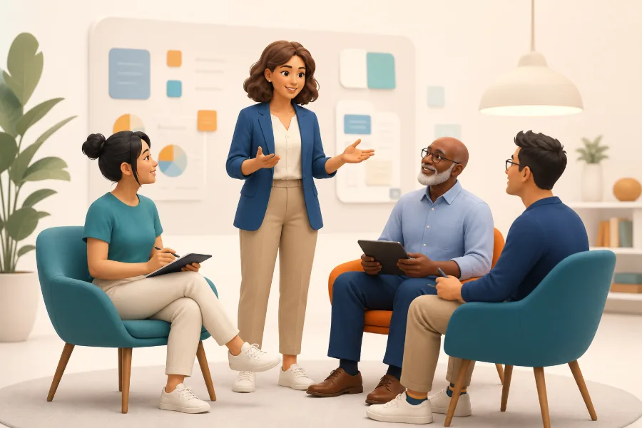 A colleague standing and briefing three seated teammates in front of a board of charts and notes