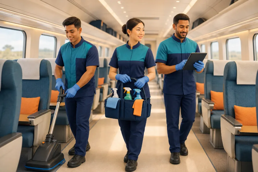 Three on-board housekeeping staff in uniform working inside a train coach, one recording on a tablet