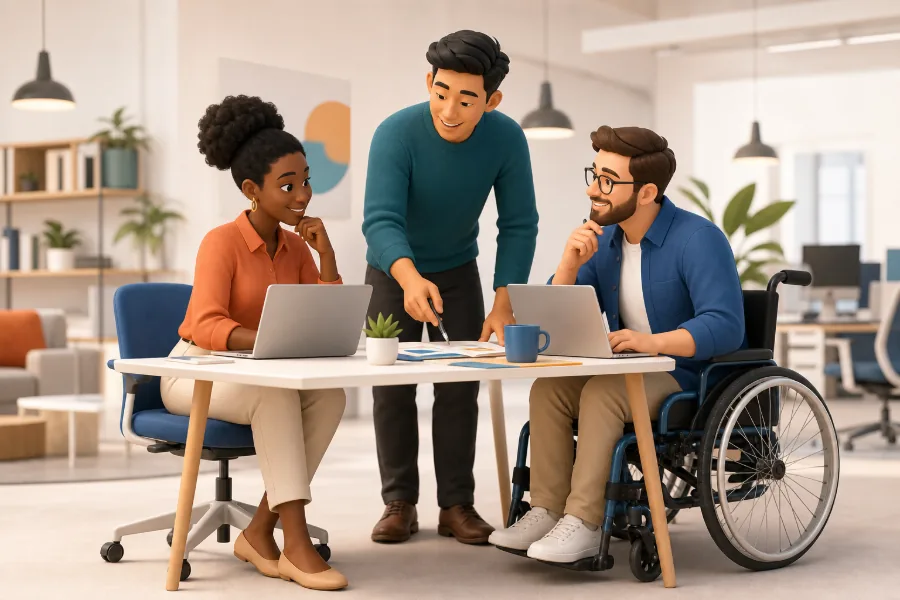 Three colleagues working together over laptops at a shared desk in an open-plan office, one of them using a wheelchair